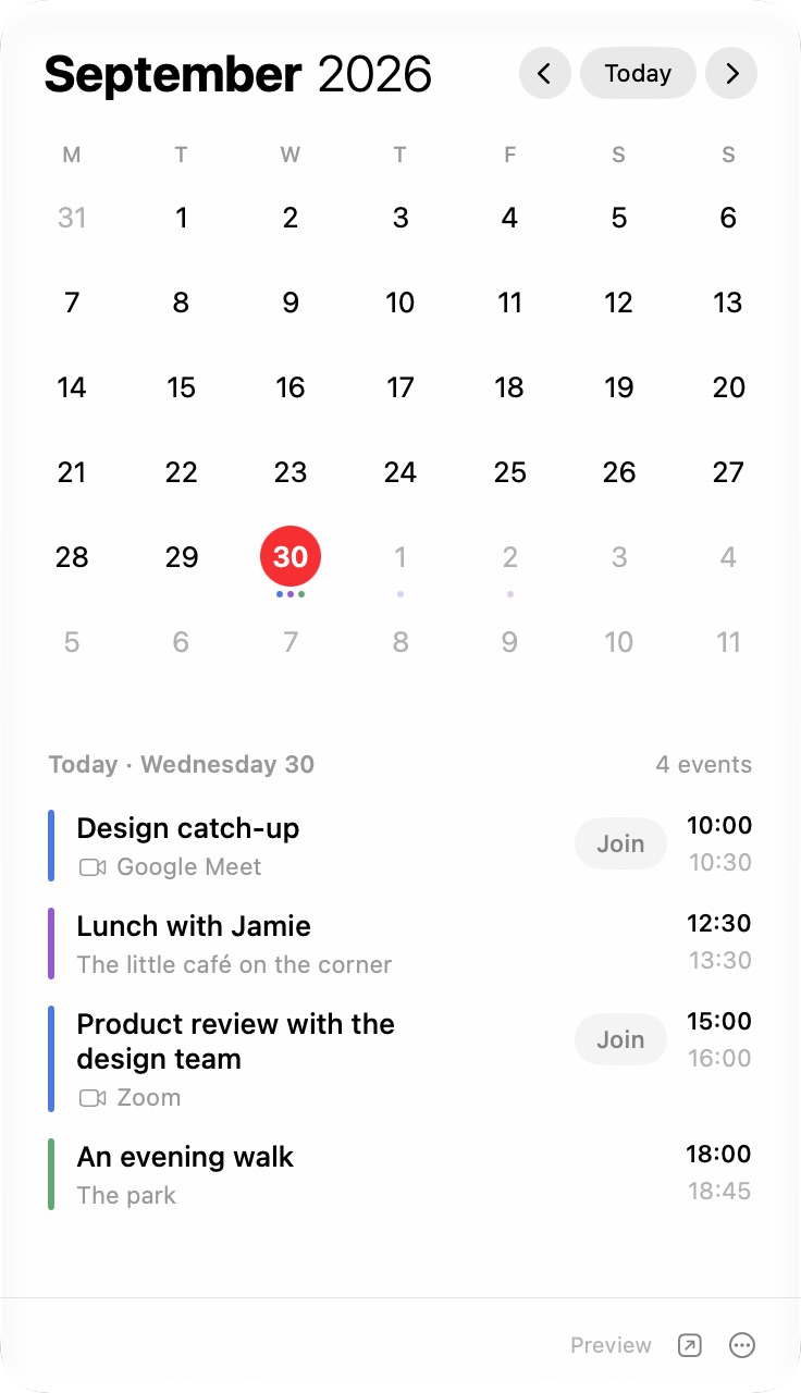 CaliBar’s month calendar and event list, with Join buttons beside video meetings.