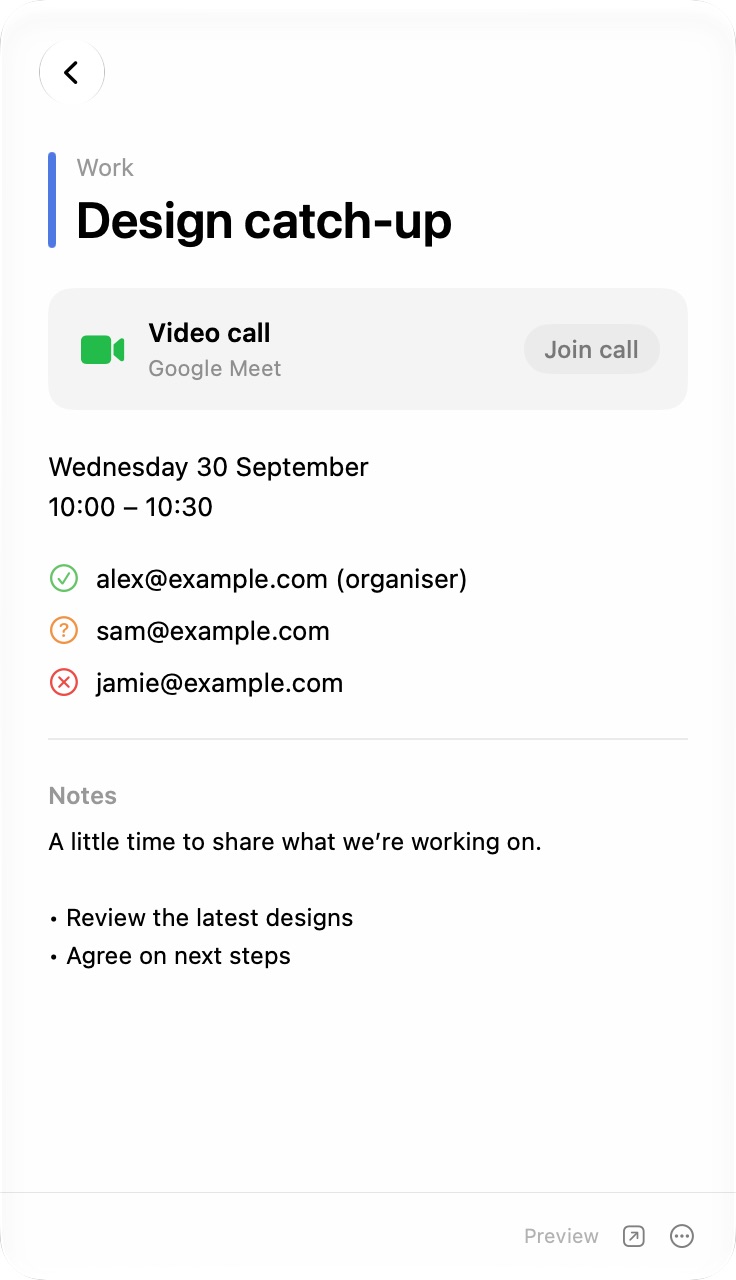 CaliBar event details with a video-call button, date, organiser and attendees.