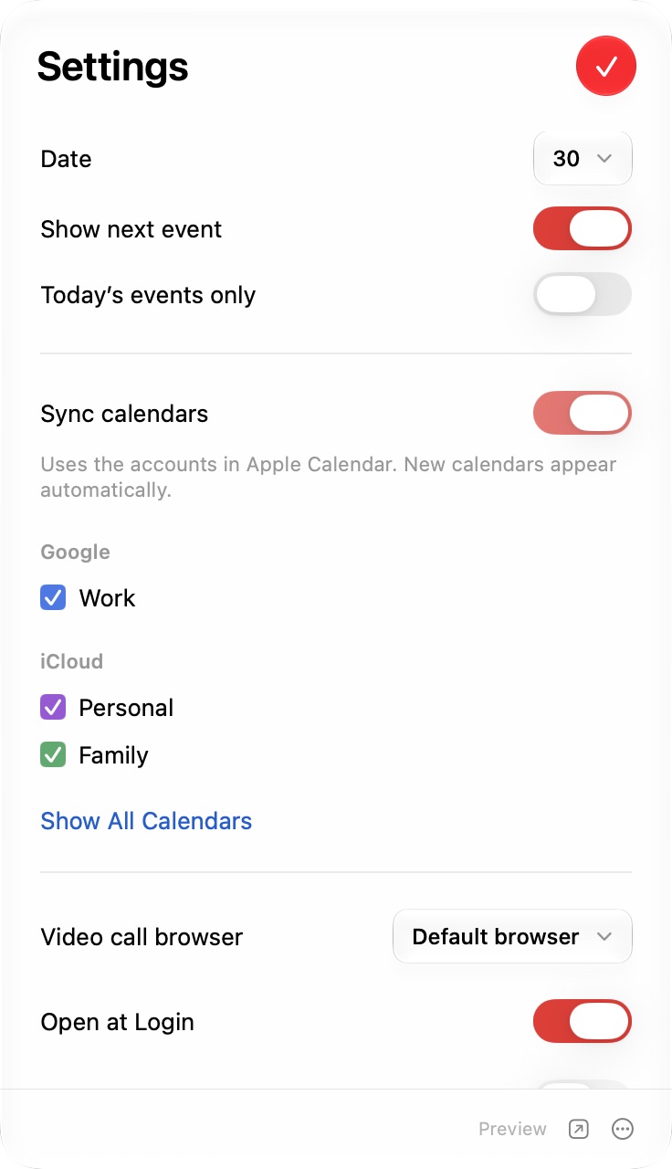 CaliBar settings for calendar selection and menu-bar display.